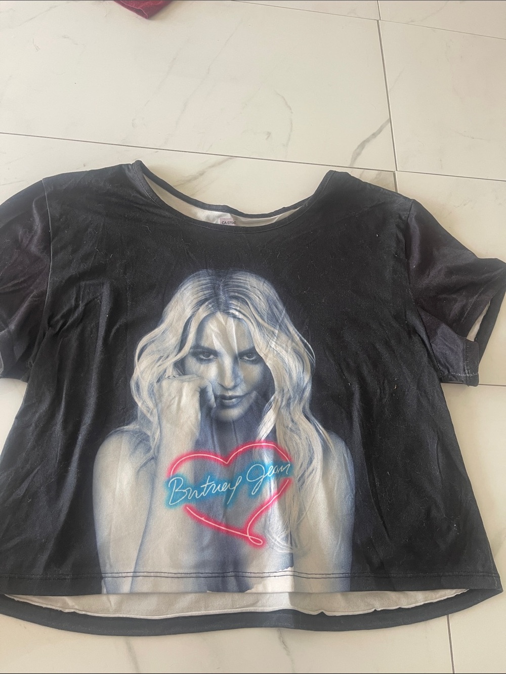 Britney Spears Black Graphic Crop Tee with Neon Heart Script Album songs on back